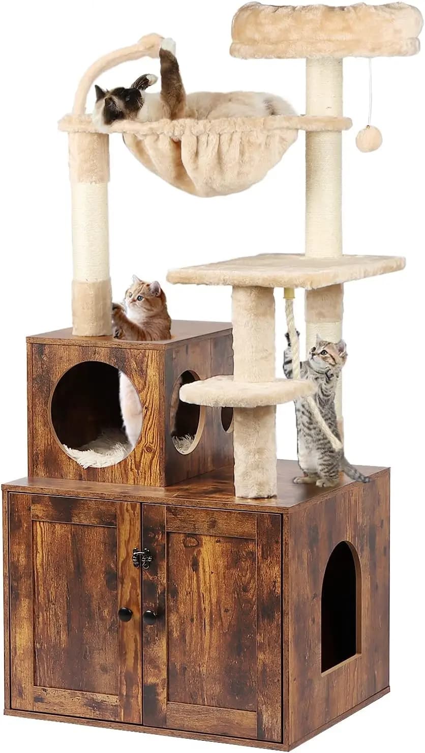 Cat Tree with Litter Box Enclosure, 2-in-1 Cat Tower for Indoor Cats, Large Wood Cat Condo with Basket, Scratching Posts