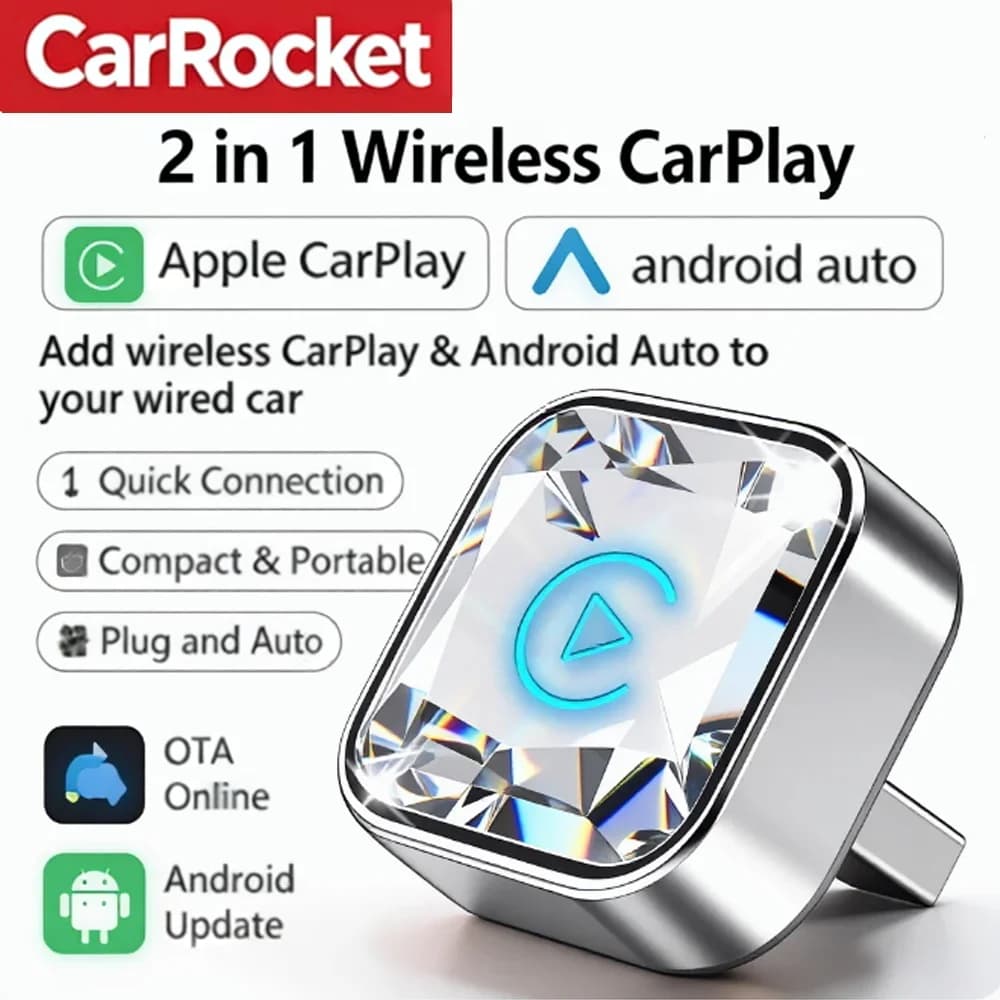 Adattatore Wireless CarRocket Mini 2in1 per CarPlay e Android Auto, Connessione WiFi e Bluetooth Plug and Play per Auto OEM