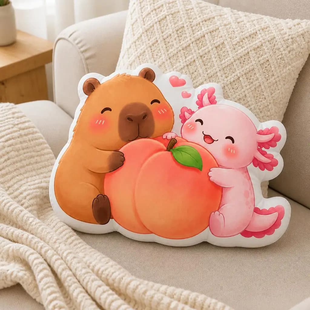 Capybara And Axolotl Hugging Giant Peach Plush Pillow Cushion Irregular Stuffed Throw Pillow Home Decor Gift Sofa Bed Home