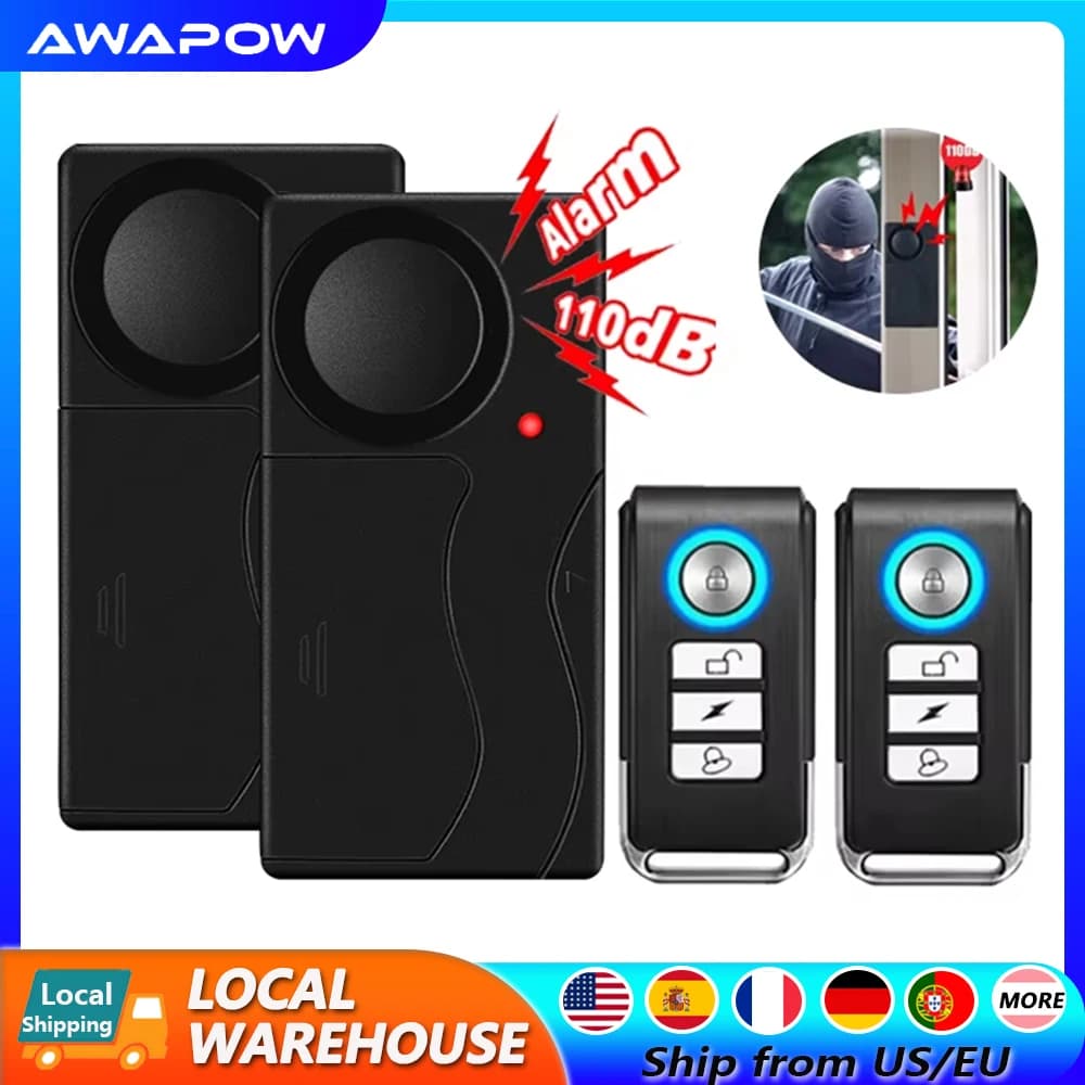 Awapow Wireless vibration bike alarm with remote control Anti-theft alarm 110dB Strong alarm for doors and windows for bike Home security system