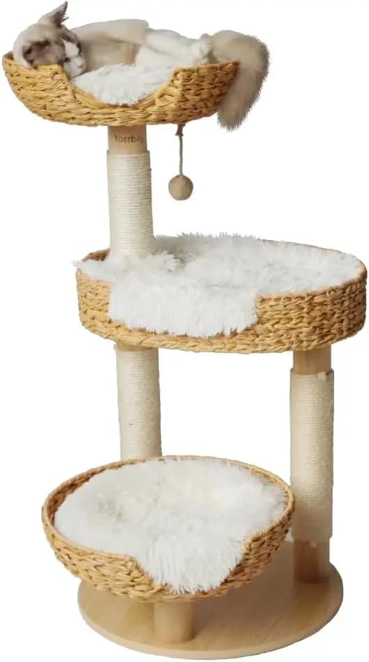 Albero per Gatti da 39 Pollici con Tiragraffi in Sisal, Legno Vero, Cesti in Rattan Intrecciati a Mano, Cuscino Accogliente per Arrampicarsi e Giocare