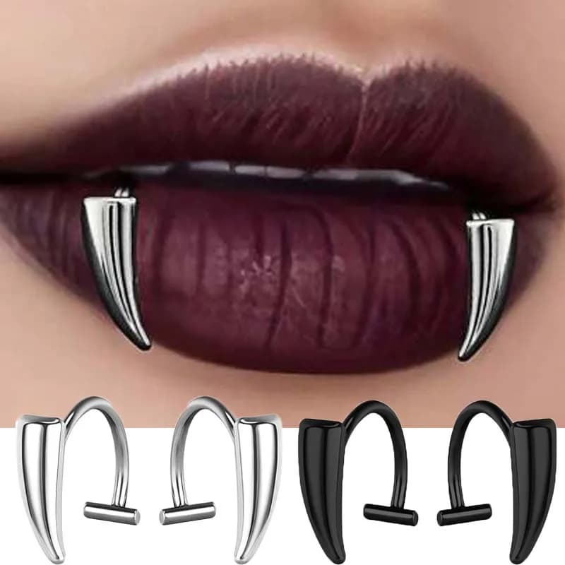 1 pair of custom sharp teeth in stainless steel, fake piercing, lip ring, exaggerated punk jewelry for women, gothic jewelry for the body