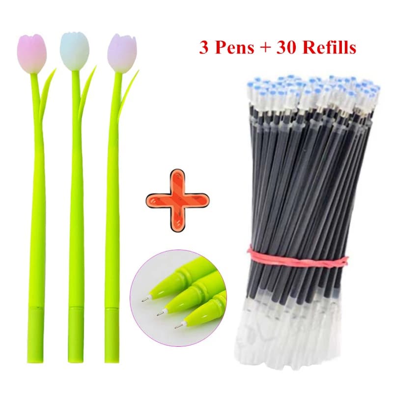 3 penne gel + 30 ricariche 0,38 mm Kawaii creativo scolorimento pianta silicone tulipano penne firmate forniture per scrittura cancelleria