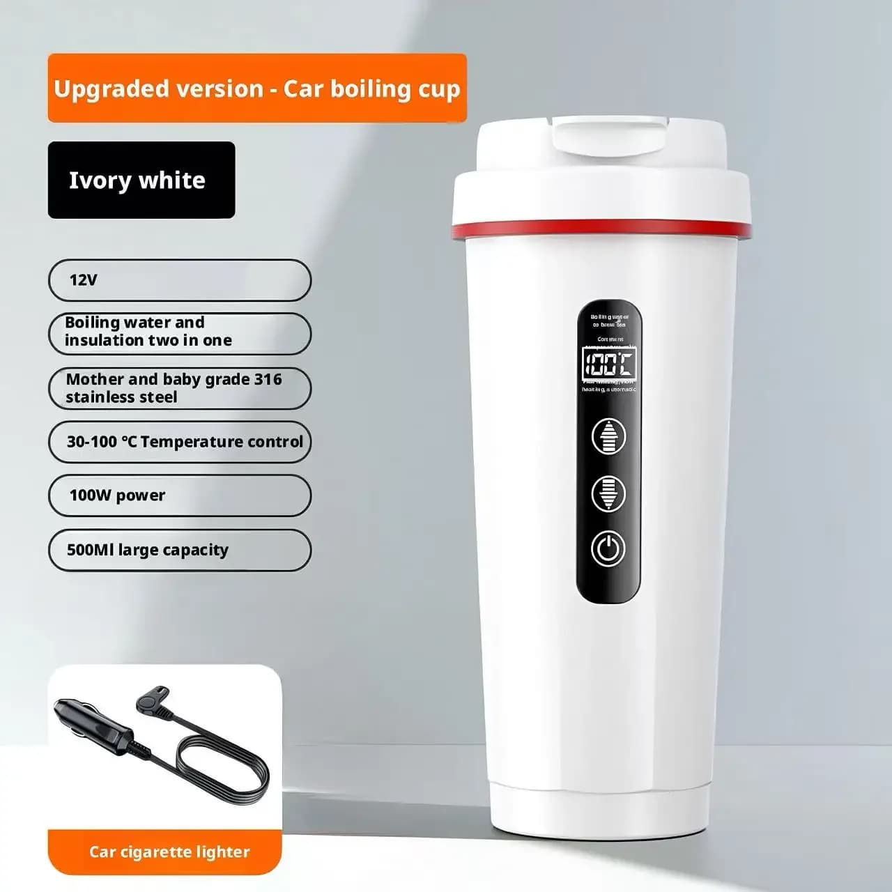 Bollitore Elettrico Intelligente per Auto 500ml 12/24V Universale con Riscaldamento e Isolamento Integrati, Tazza con Interno in Acciaio Inox 316