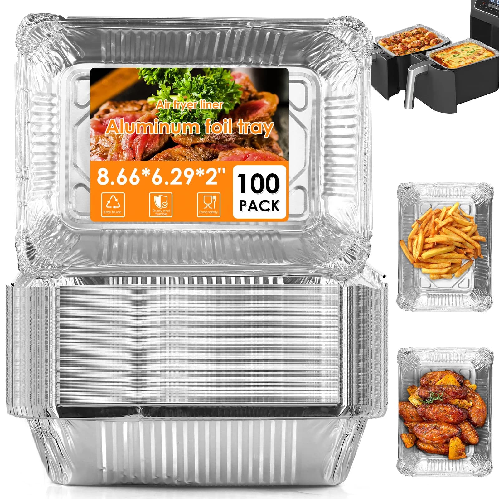 100 Pezzi Vaschette in Alluminio da 1100ml, Teglie Antiaderenti in Alluminio Riutilizzabili, Contenitori in Alluminio per Friggitrice ad Aria