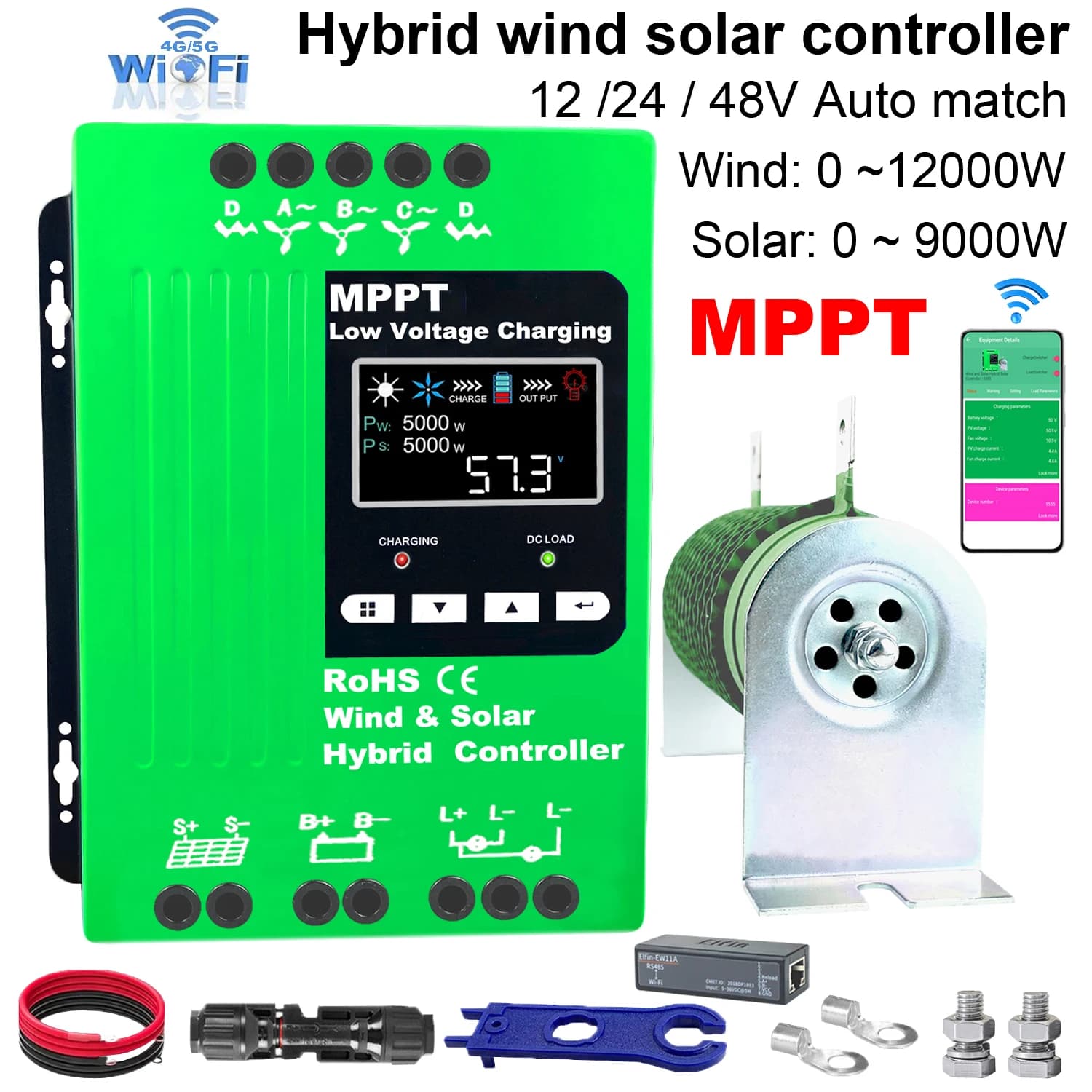 12V 24V 48V 5000W Wifi Wind Solar Hybrid Charge Controller, MPPT Charge for Solar Panel Wind Turbine, Lithium Lead Acid Battery
