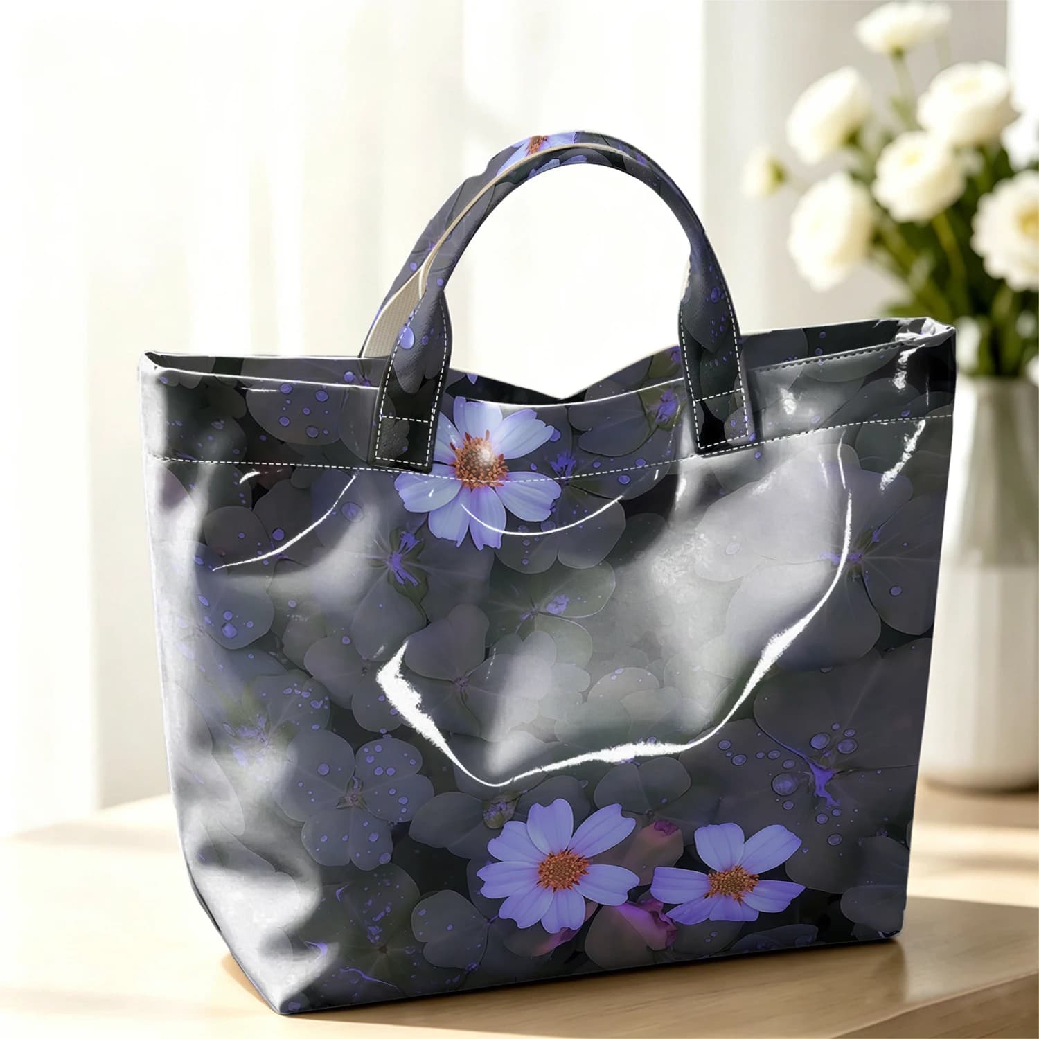 Dewdrop Blooms Fashion Large Glossy PVC Tote Bag Hand Washable Waterproof Perfect Travel Commute Cosmetic Storage Shopper