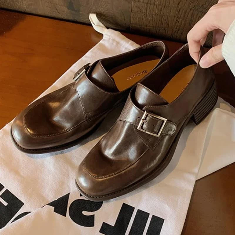 Luxury Belt Buckle Decor Moccasins With Big Heel Fashion Women's Round Toe Design Sewn Décolleté With Low Heel British Style Zapatos Mujer