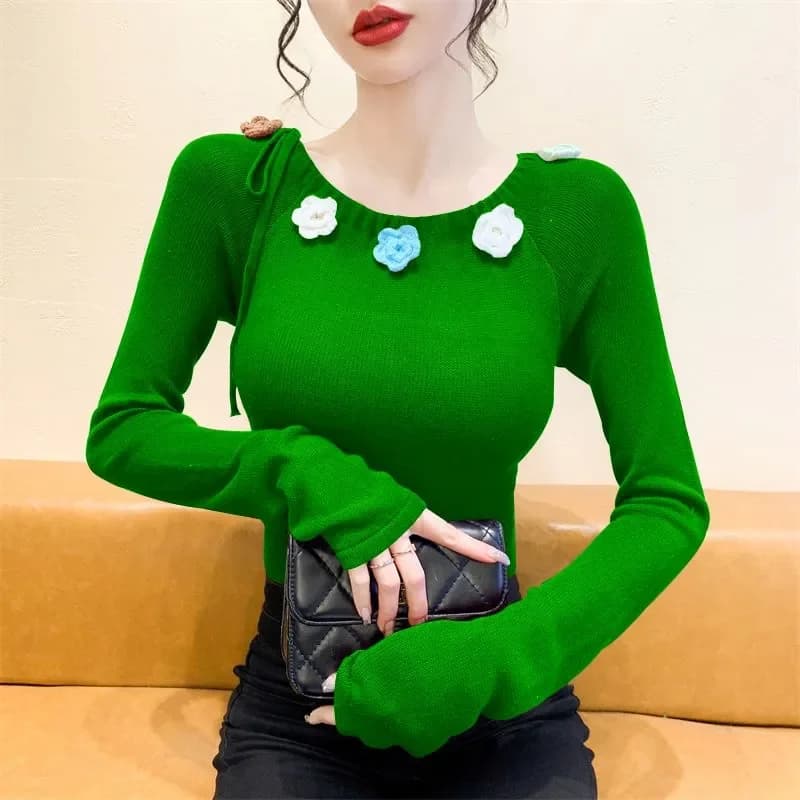 Top maglione a maniche lunghe girocollo rosa viola per maglione slim di nicchia con fiori nuovi autunnali da donna