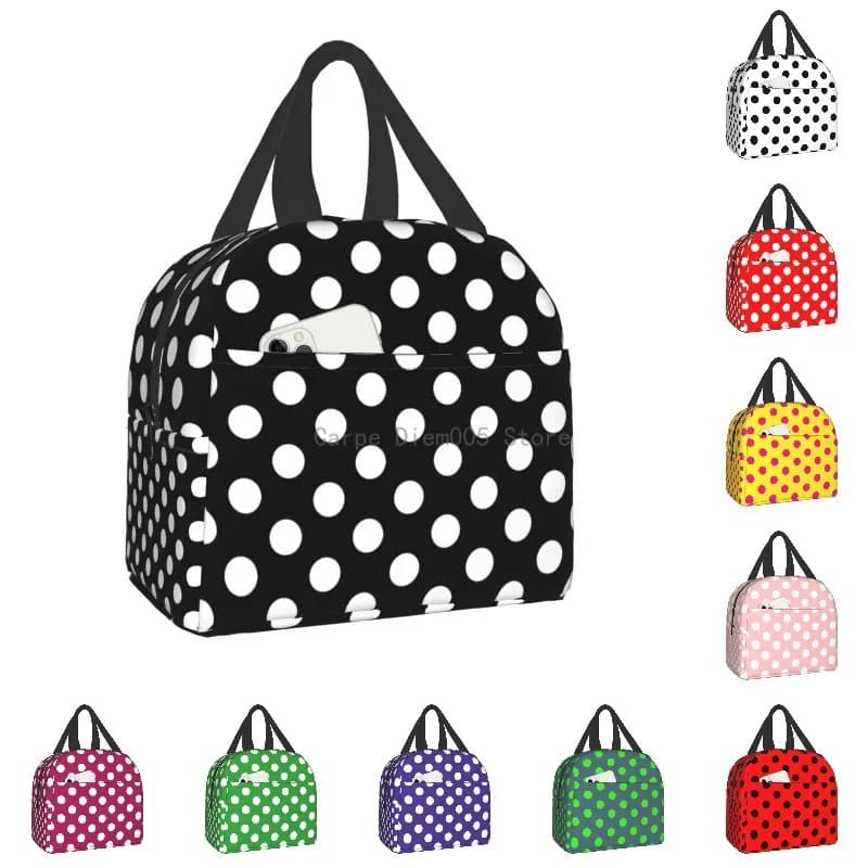 Borsa per il pranzo a pois in bianco e nero per le donne Borsa termica portatile isolata per alimenti Lunch Box Borse da picnic per viaggi scolastici da lavoro