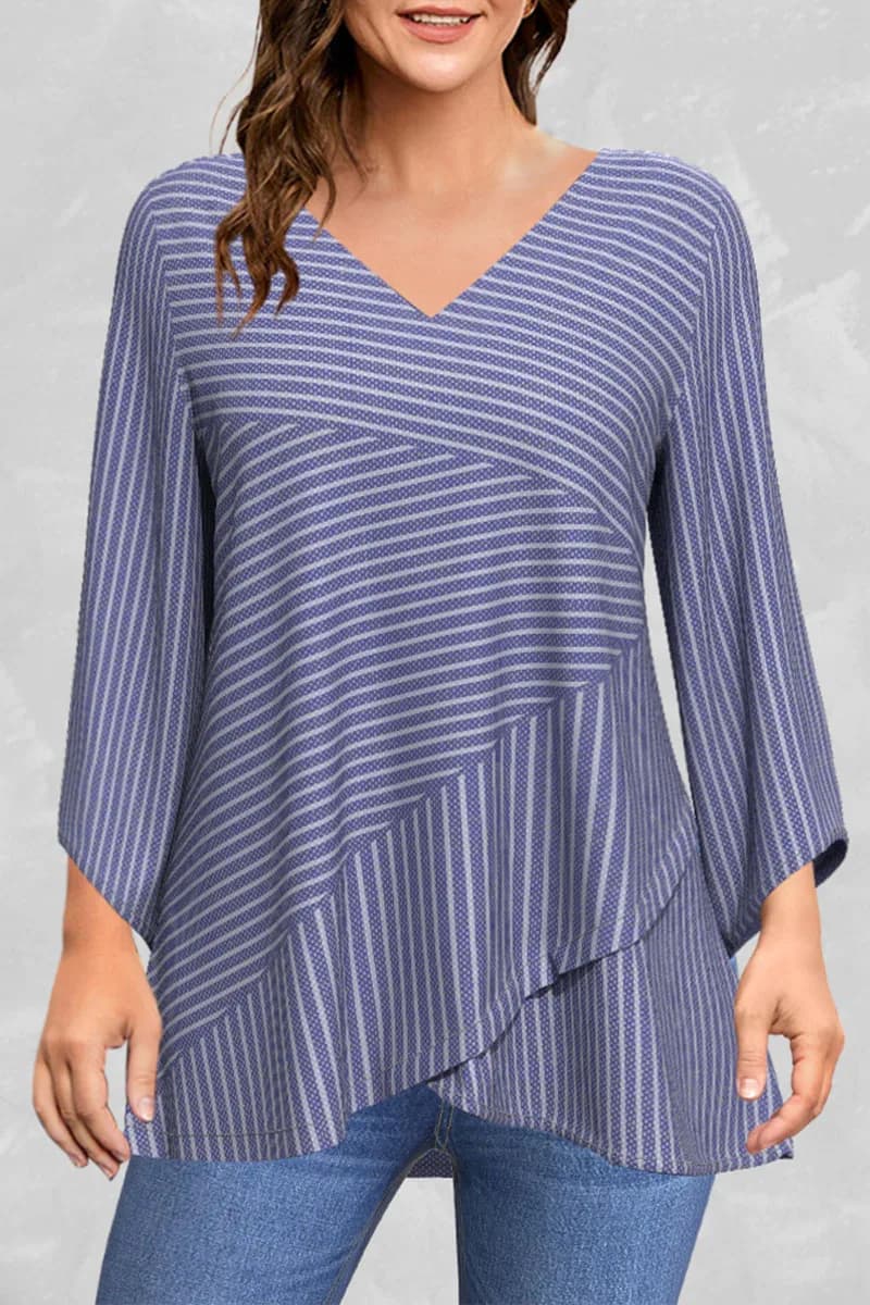Shirt with asymmetrical edge with V-neck and casual print with strong stripes