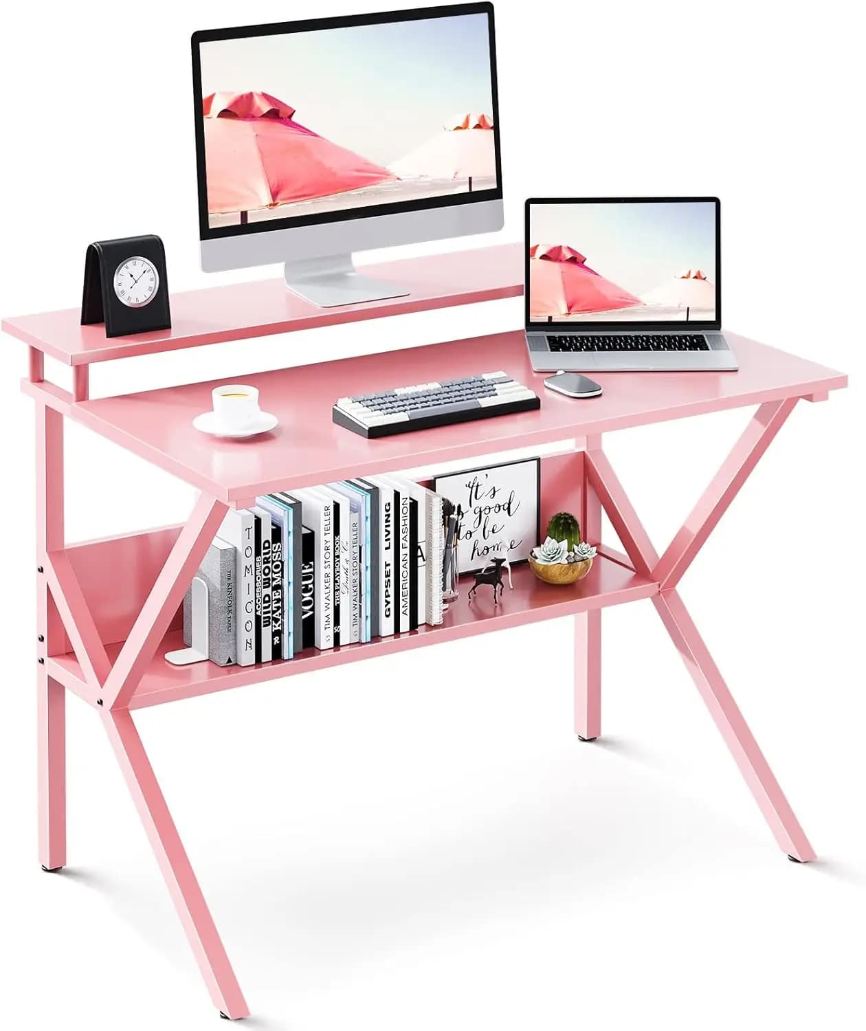 Piccola scrivania da 27,5 pollici per spazi compatti, scrivania da studio con contenitore e supporto per monitor in rosa