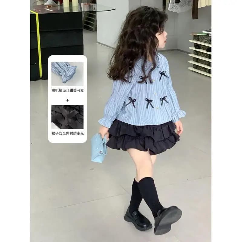 Abbigliamento per bambini Nuovo stile Set 2 pezzi con camicia e gonna a pieghe in misto cotone e poliestere per ragazze, primavera autunno, alla moda e di tendenza