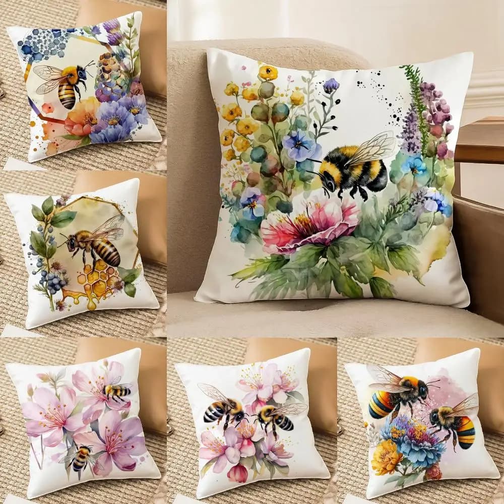 Pillow sheet with bees and flowers in watercolor, in short plush, front-back printing, square, for sofa and home decorations