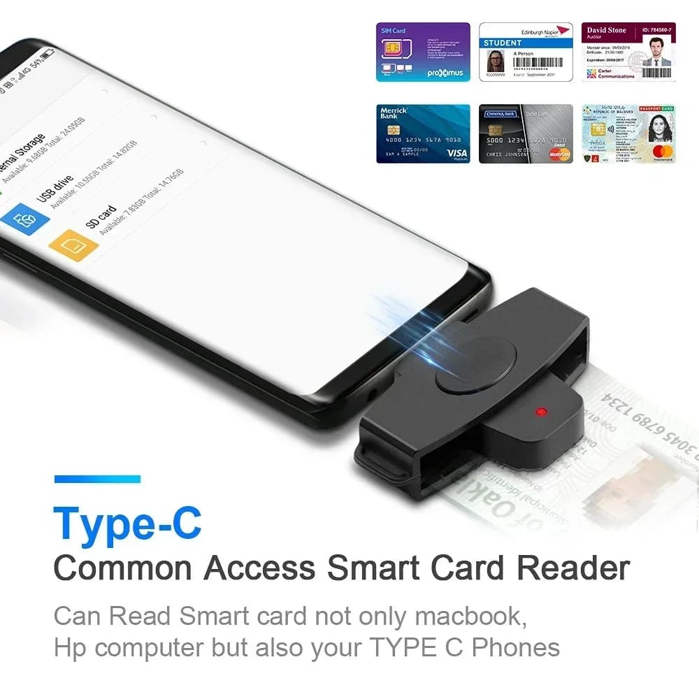 Lettore di smart card, USB tipo C, memoria, ID, banca, EMV, elettronico, DNIE, DNI, SIM, clonatore, connettore, adattatore, telefoni Android