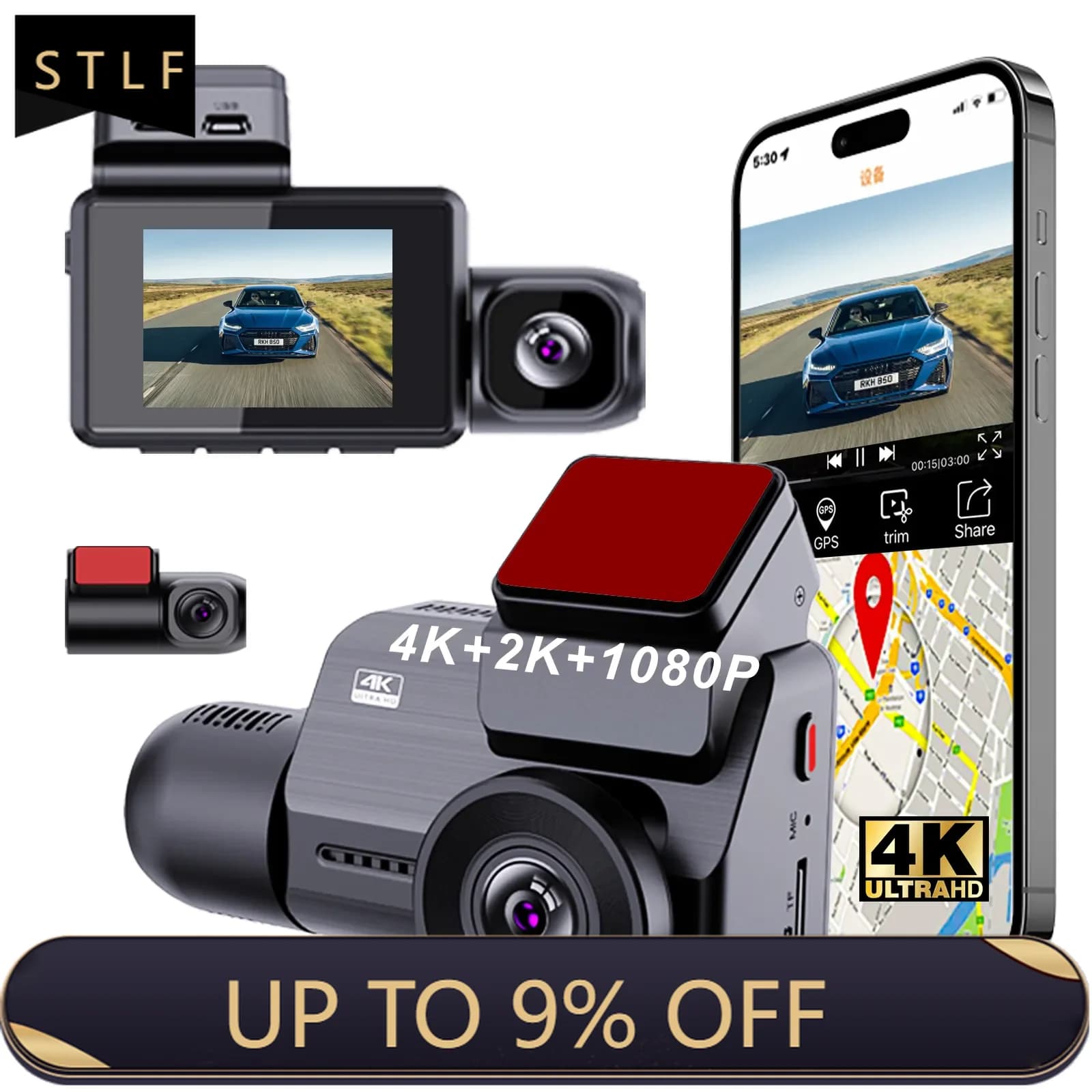 Dash Cam per Auto con 3 Obiettivi 4K+1080P HD, Scatola Nera WiFi GPS, Registrazione in Loop, Visione Notturna