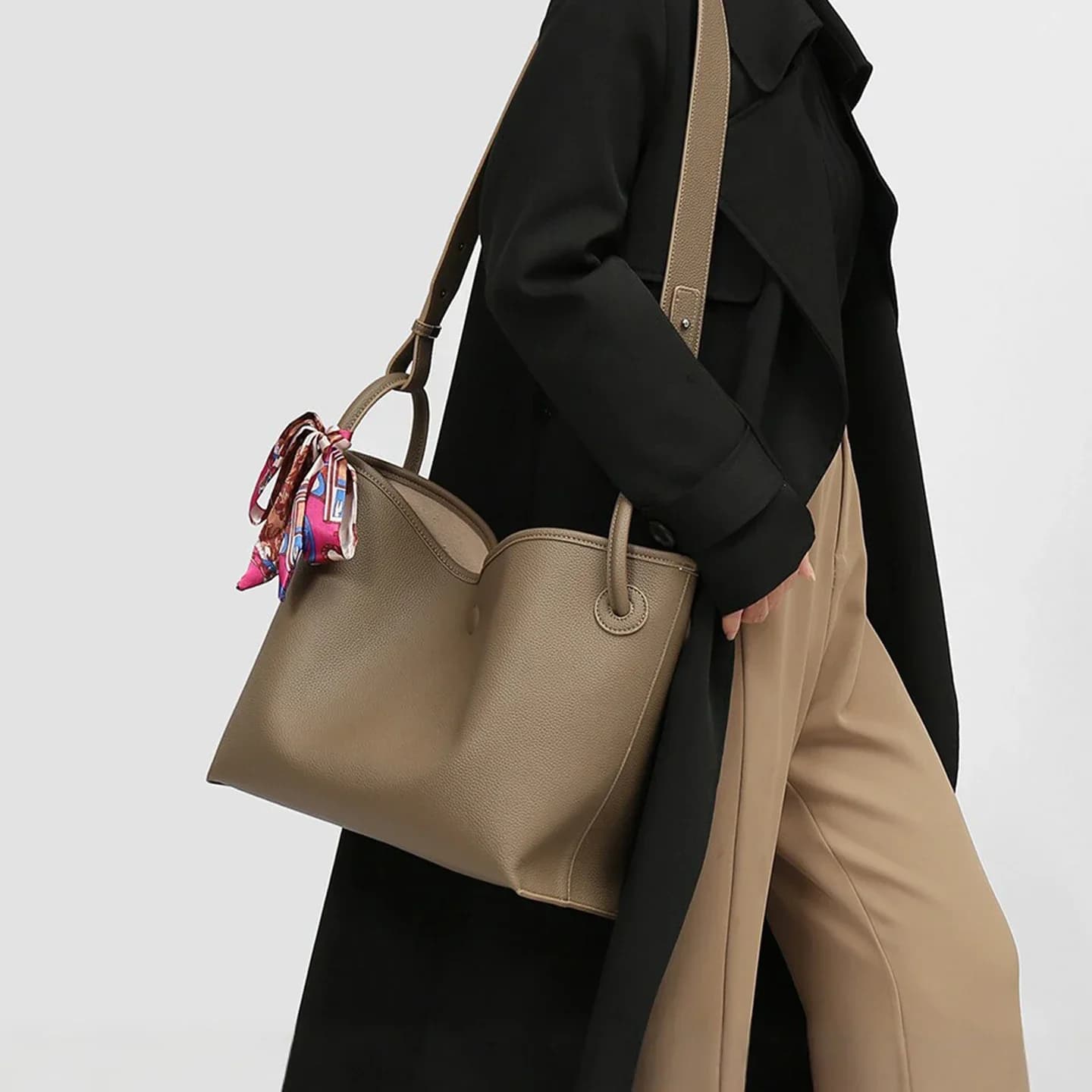 Light Luxury High end Women Tote Bag PU Leather Solid Color 2 in 1 Shoulder Crossbody Handbag with Detachable Inner Pouch