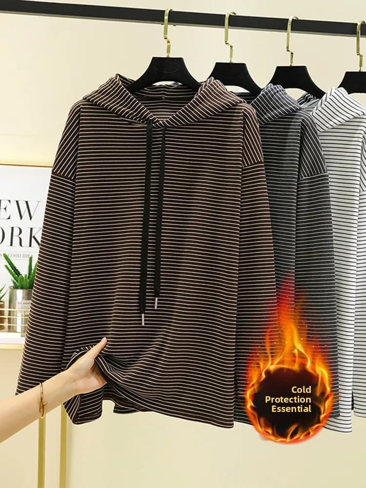 Autumn Winter Women's Hoodie Oversize Long Sve Thermal T-irt Outerwear Stripe Fce Top Comfortable Casual Streetwear