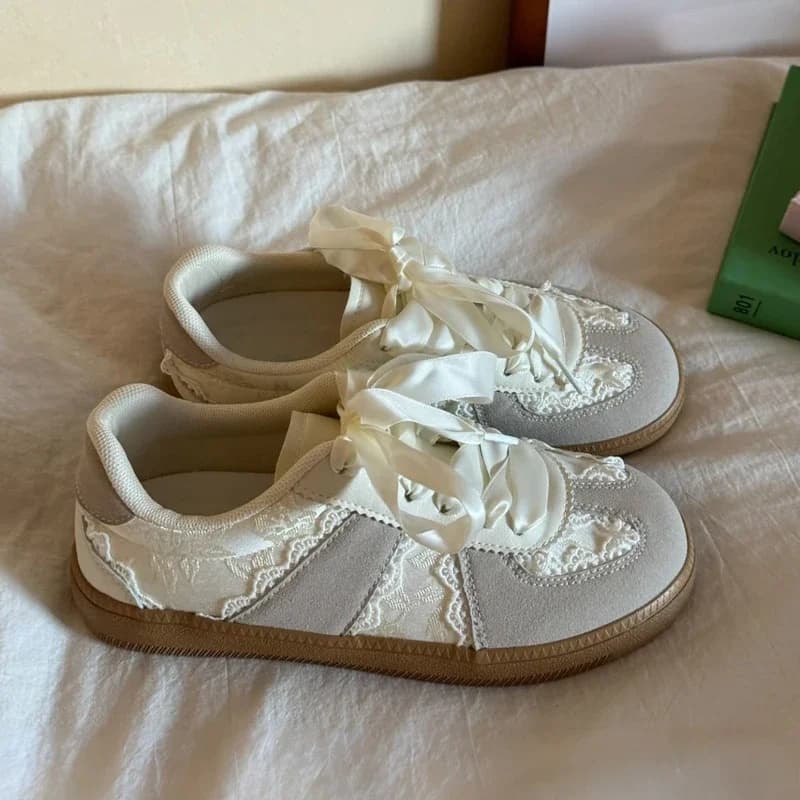 French Lace - Satin Ribbon Trainer Sneakers | Cream - Sweet Vintage Sporty Sneakers