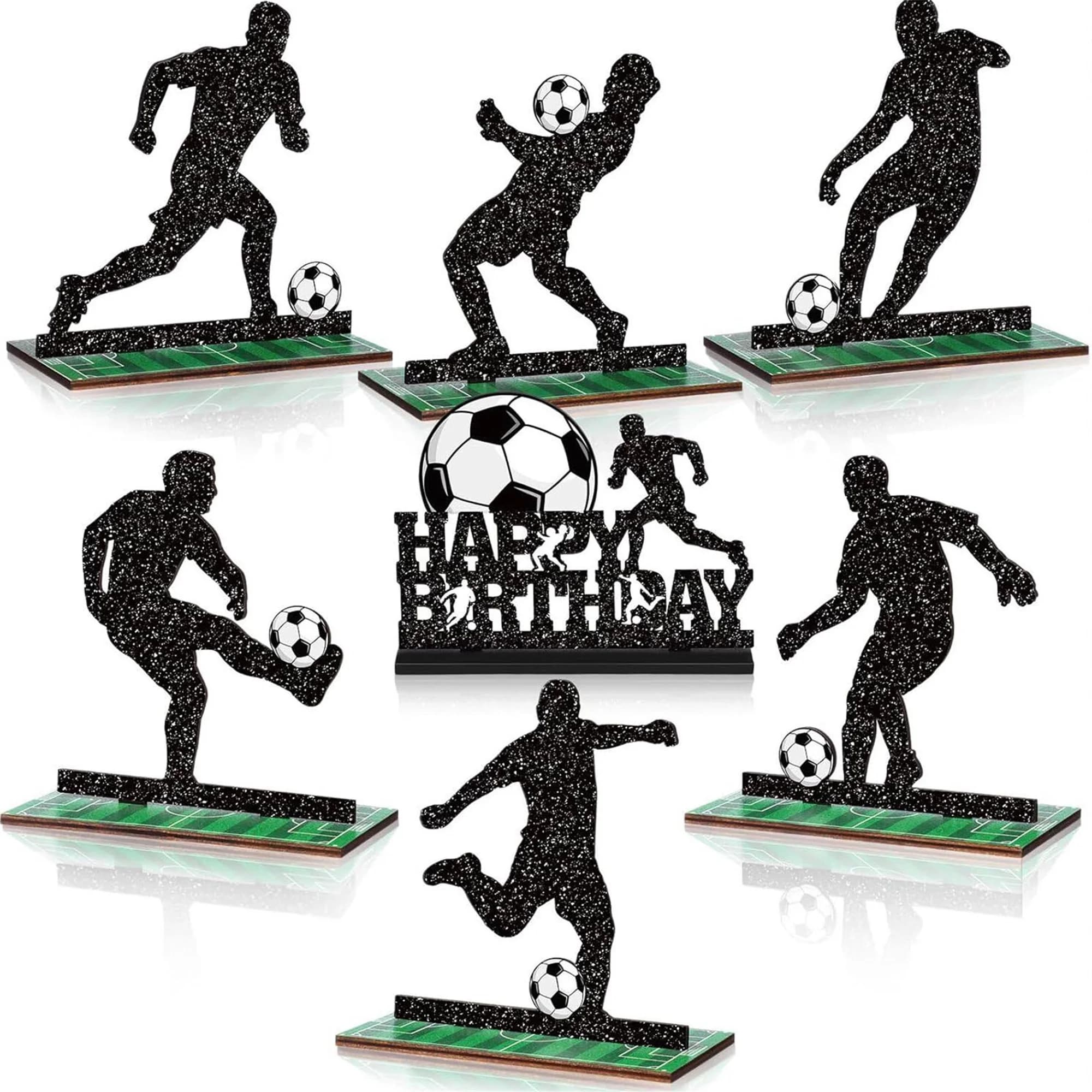 Set di 7 Decorazioni a Tema Calcio, Centrotavola in Legno per Feste di Compleanno a Tema Sportivo