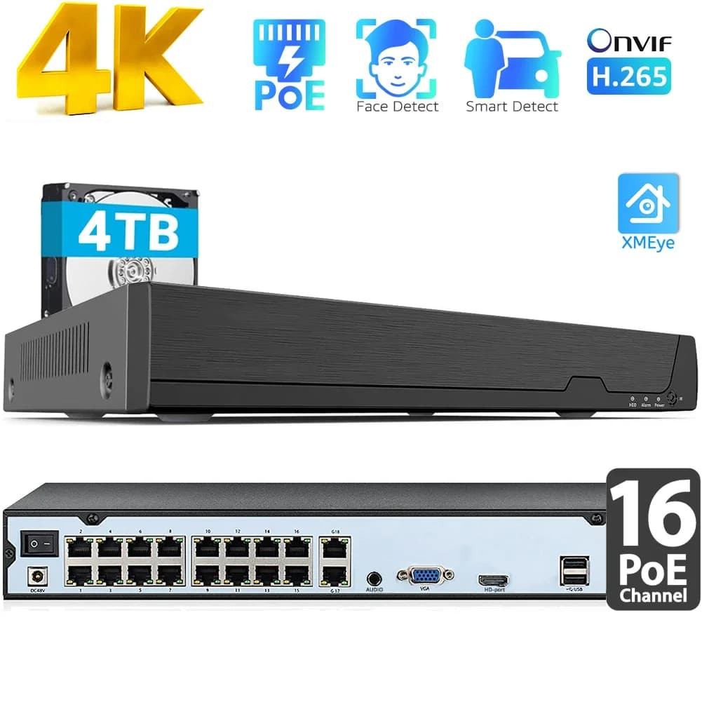NVR POE 16CH 4K (8MP/6MP/5MP/4MP/3MP/1080P) Videoregistratore di rete POE, NVR 16CH (16 porte PoE), fino a 16 telecamere IP 4K con HDD