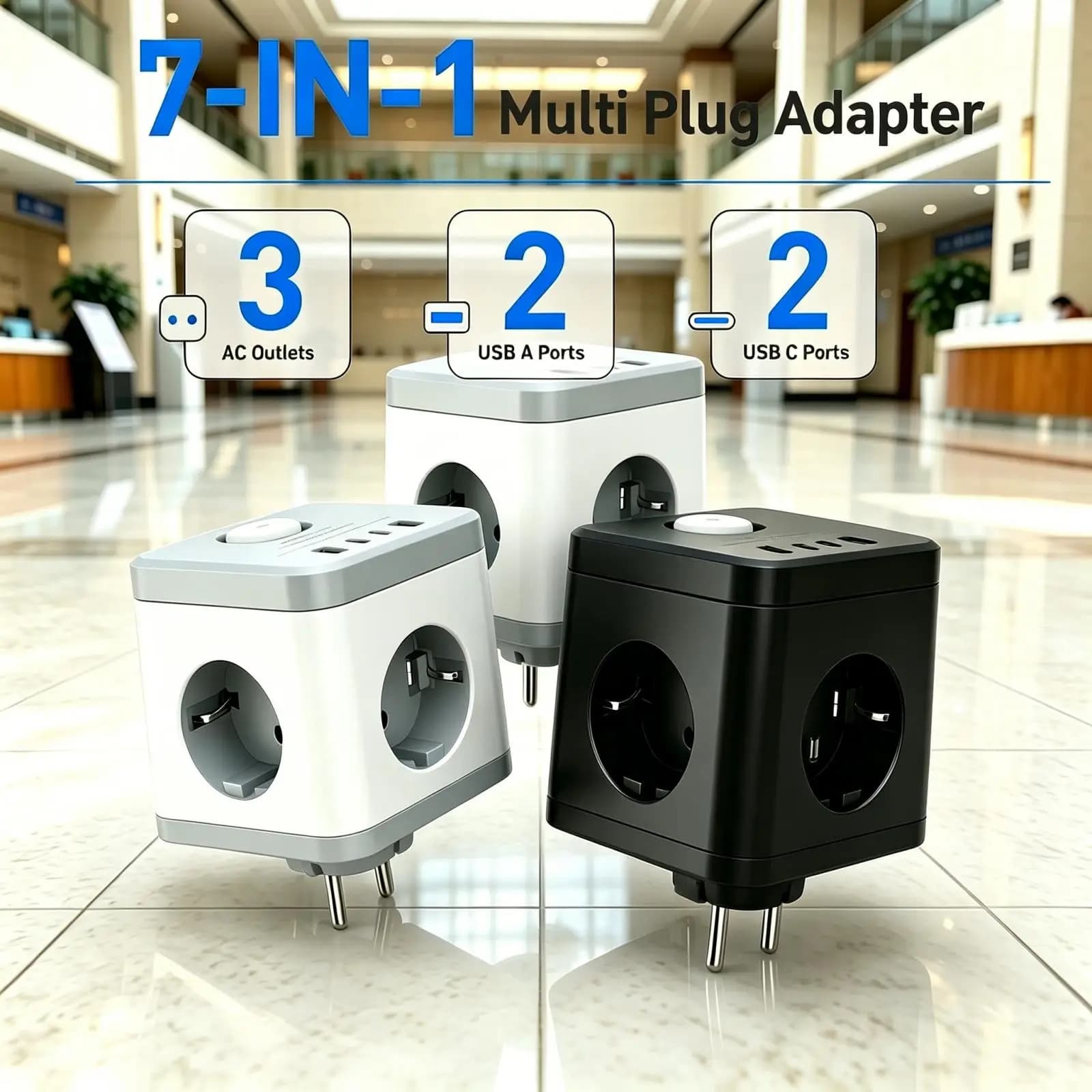 EU 7 in 1 Multi Plug Adapter 3 AC Outlets 2 USB A 2 USB C Cube Power Socket for EU Europe Travel Home Office White,Black