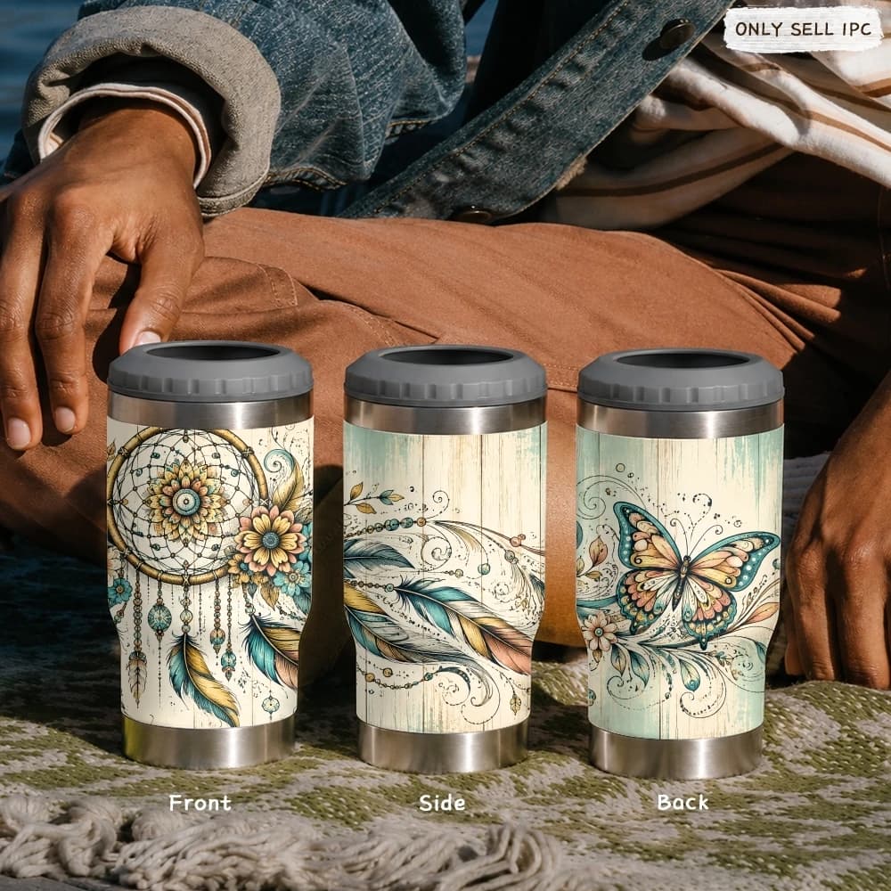 Dreamcatcher Floral Vacuum Flasks 4-in-1 Stainless Steel Can Cooler Insulated Beer Soda Coffee Holder Dual Lids Fits 12oz