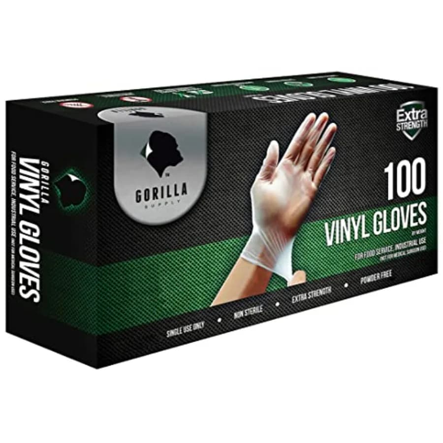 Guanti in Vinile Monouso Resistenti GORILLA SUPPLY, Senza Lattice e Senza Polvere, Senza BPA, Sicuri per Alimenti, 100 300 1000 S M L XL