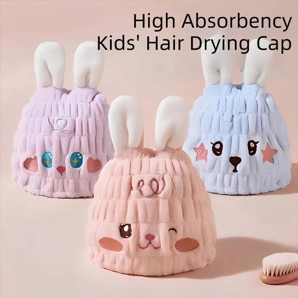 Thickened Children's Dry Hair Cap Creative Absorbent Elastic Round Cap Cartoon Rabbit Head Design Hair Drying Towel Bathing