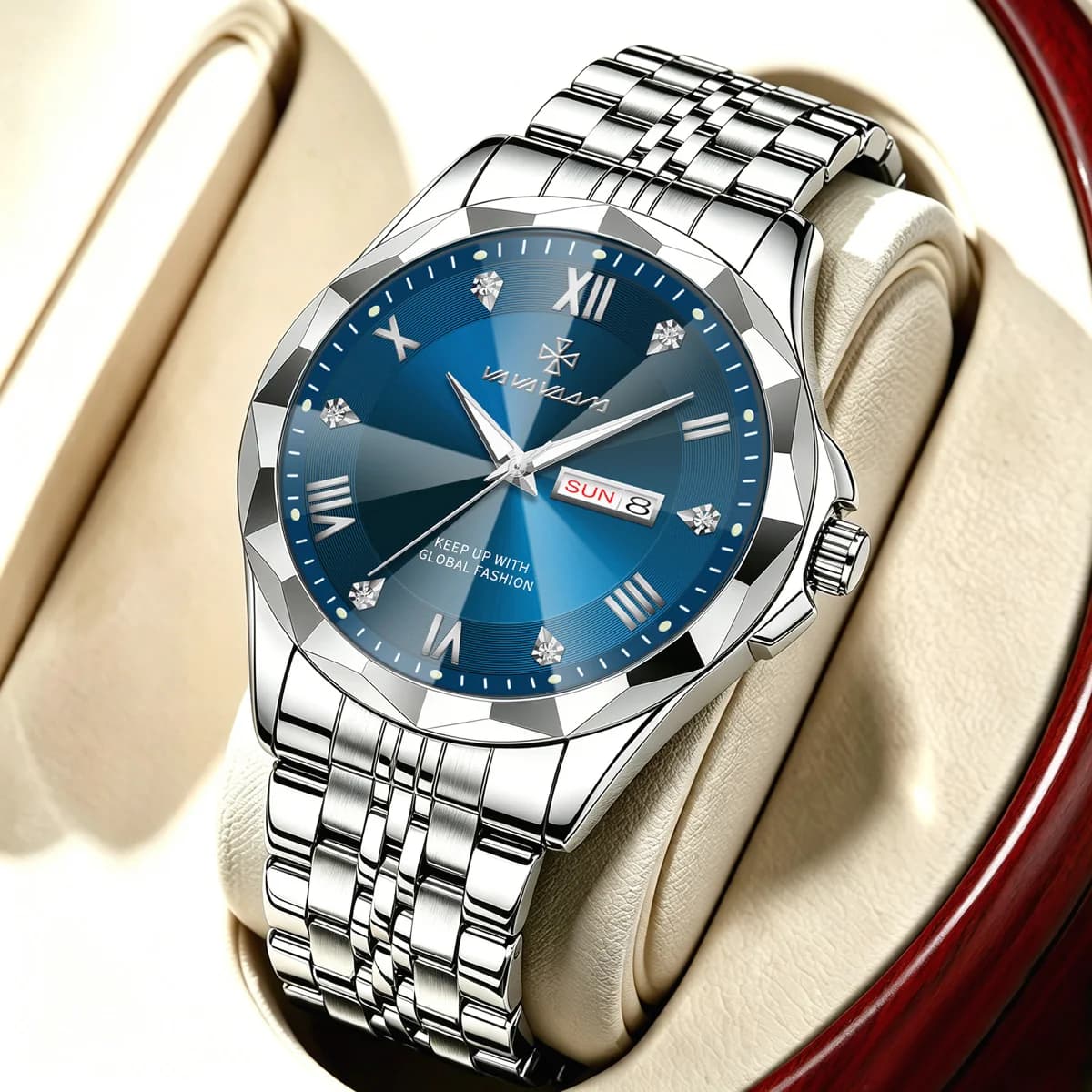 Men Watch Silver Stainless Steel Strap 42mm Classic Business Style Dial Diamond Scale Week Calendar Original Quartz Mans Watches