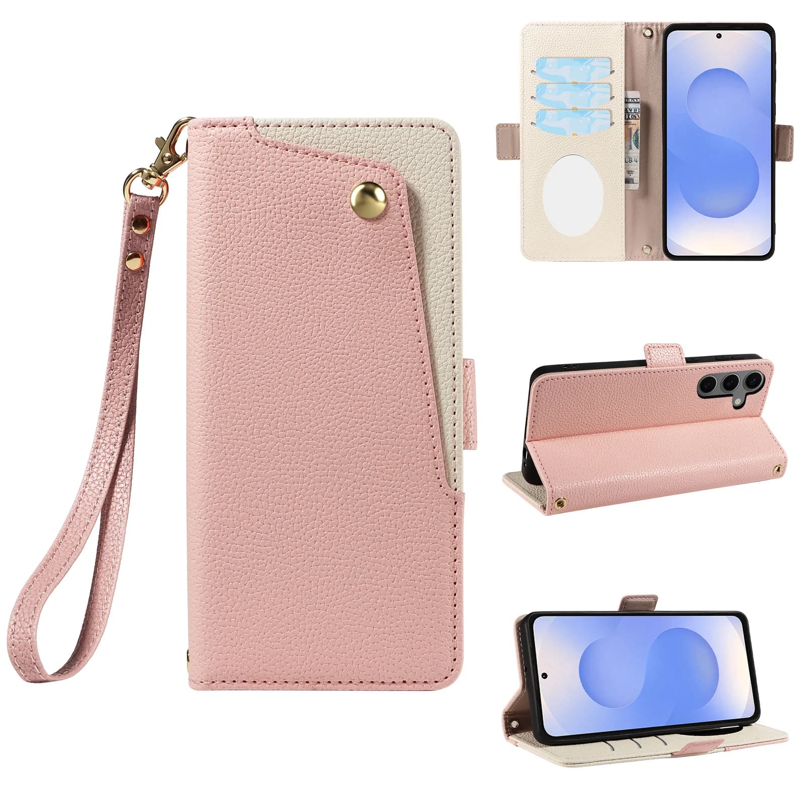 Custodia in pelle con specchio per il trucco, tracolla e scomparti per carte, antiurto e confortevole, per Samsung Galaxy S26 Ultra S25 S24 Plus