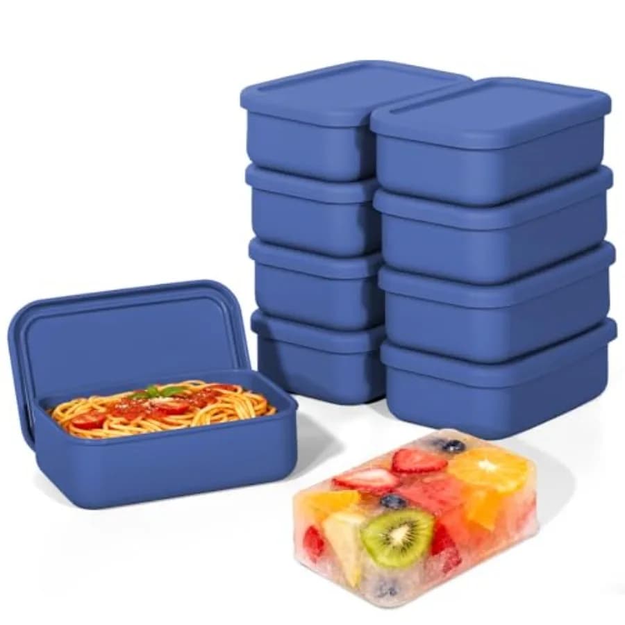 Set di 8 Stampi in Silicone per Freezer con Coperchio, Contenitori Riutilizzabili per Conservazione Alimenti e Congelamento