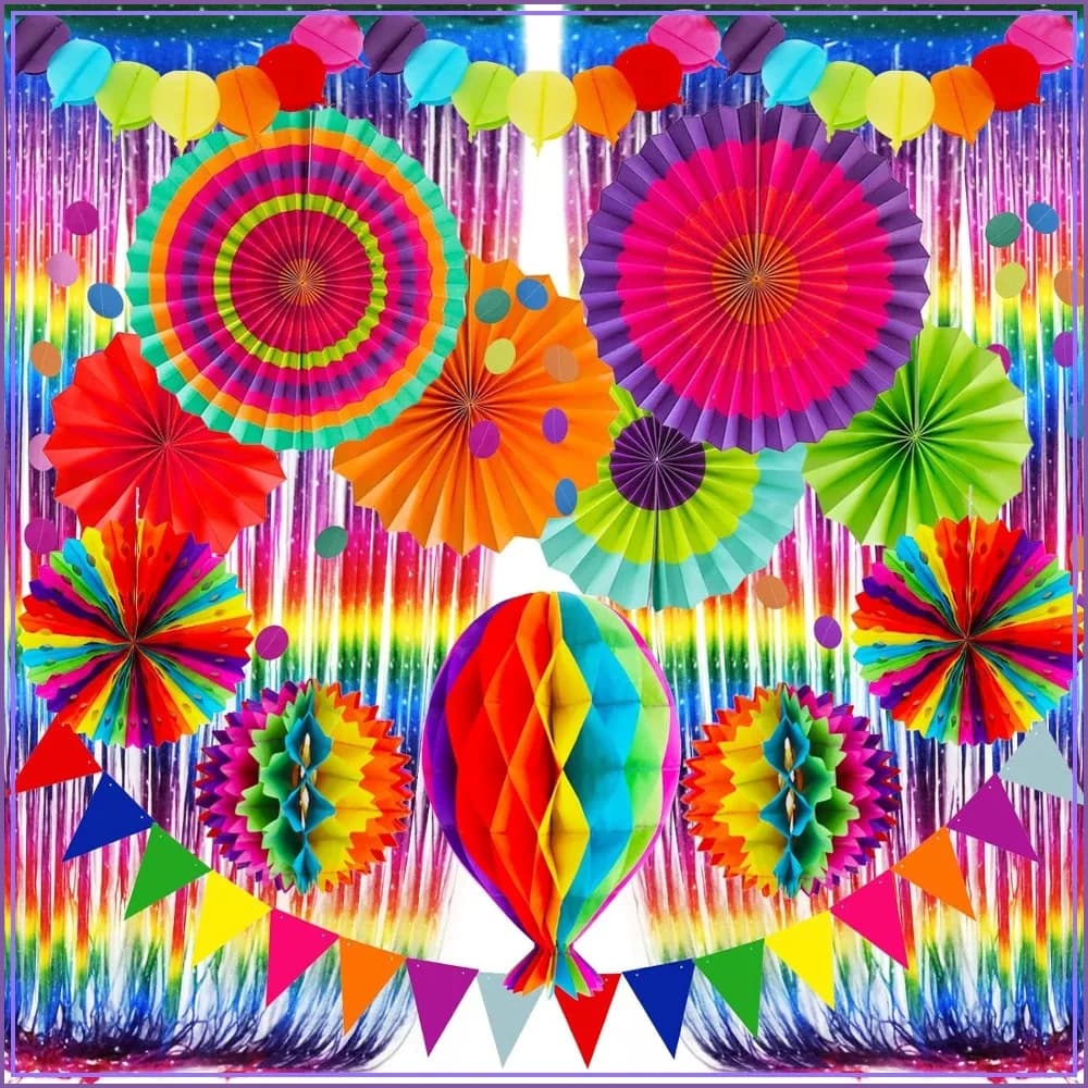 Rainbow Fiesta Party Decorations Set - Fans, Pompoms, Garlands & Curtains for Cinco De Mayo Birthday