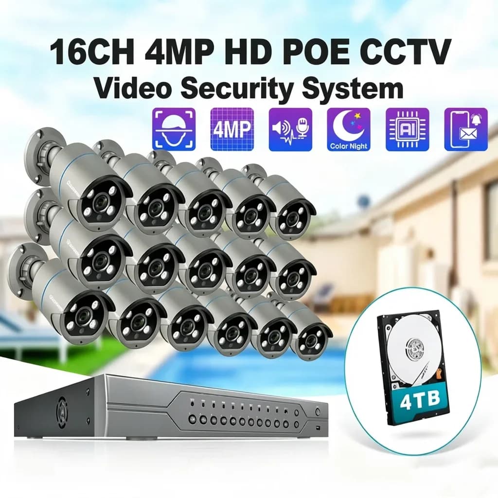 Sistema di Telecamere di Sicurezza CCTV Techage 16CH 4MP PoE con Visione Notturna a Colori, Kit NVR con Audio Bidirezionale, Video H.265, Sorveglianza Xmeye ICSEE