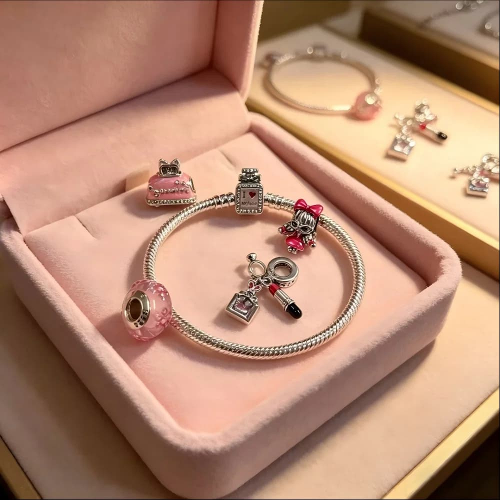 Ciondoli in Argento 925 a forma di Fiocco Rosa, Ciondolo Rossetto, Perle in Vetro di Murano a Forma di Fiore, Ciondolo Profumo per Creazione di Braccialetti, Gioielli e Regali con Scatola