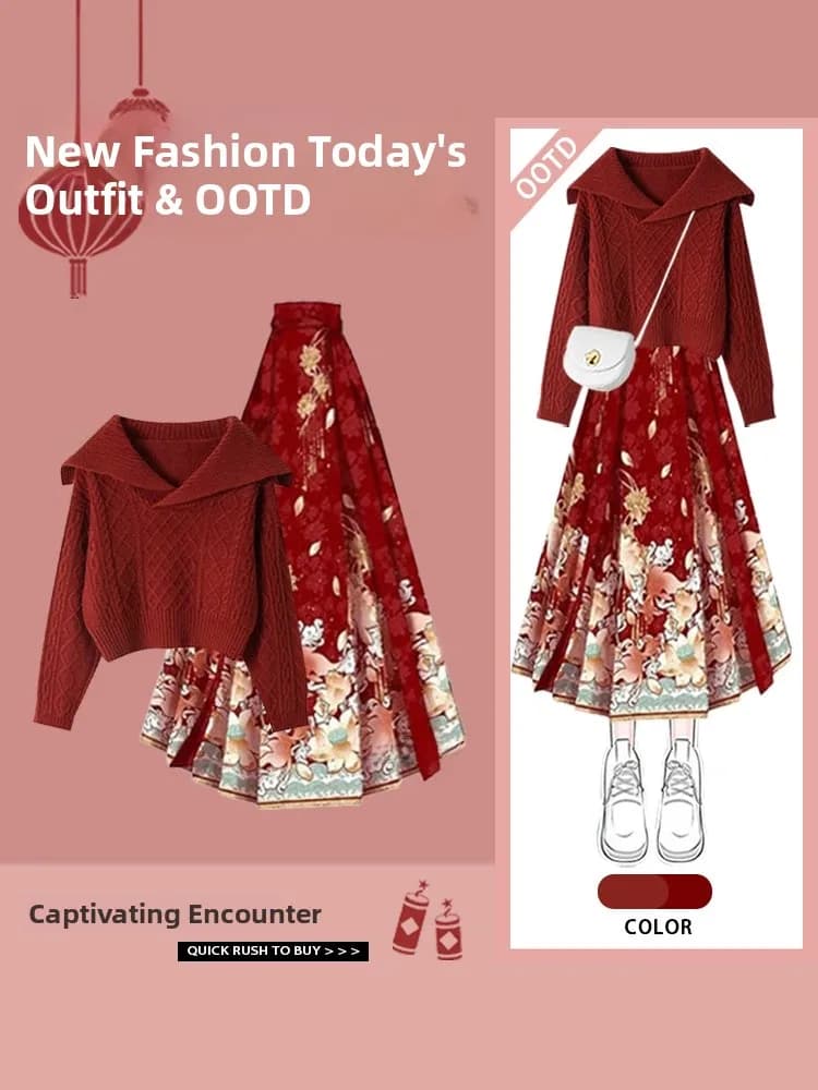 New Year Knitted Navy Collar Sweater And Tailed Skirt Set plus Size Women Traditional Chinese Style Two Piece Ensemble