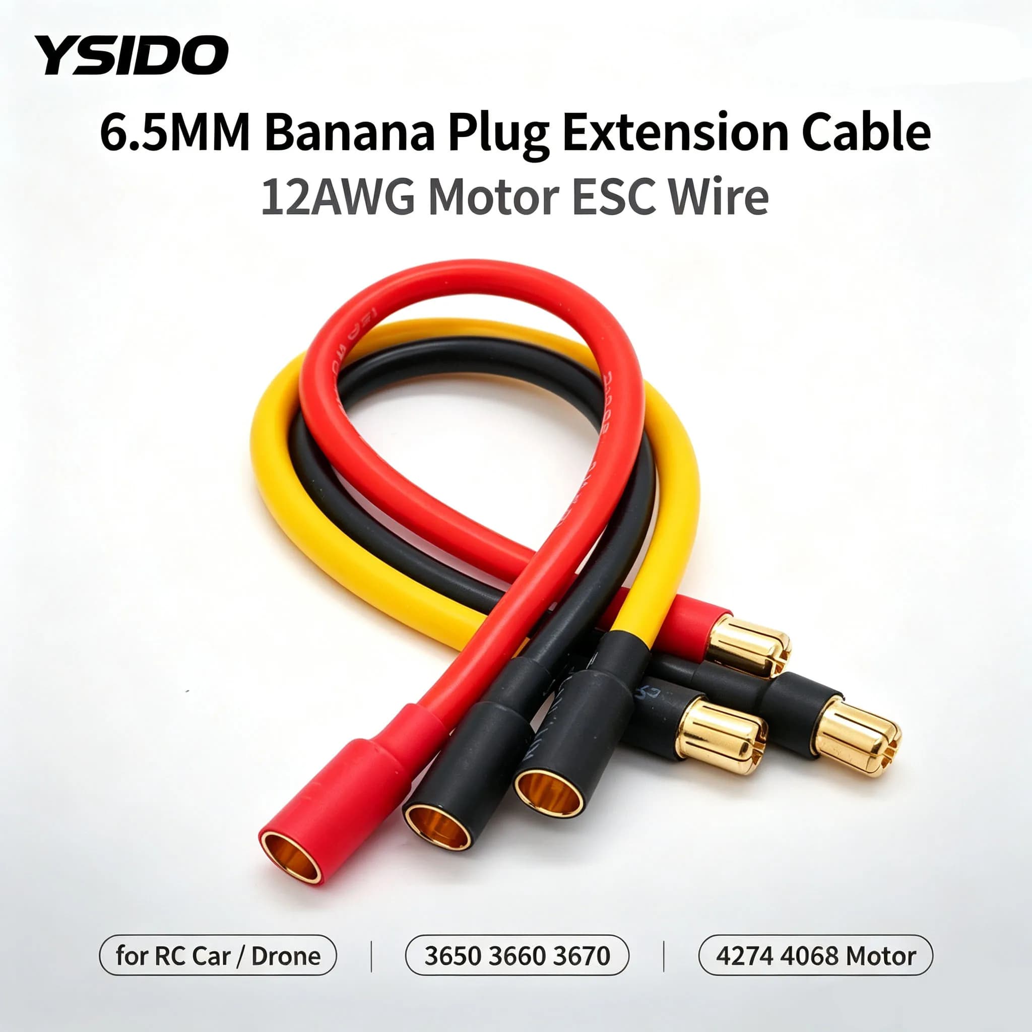 YSIDO 12AWG 6.5MM to 6.5MM Banana Plug Motor Extension Cable for RC Car Drone 3650 3660 3670 4274 4068 Motor ESC RC Parts