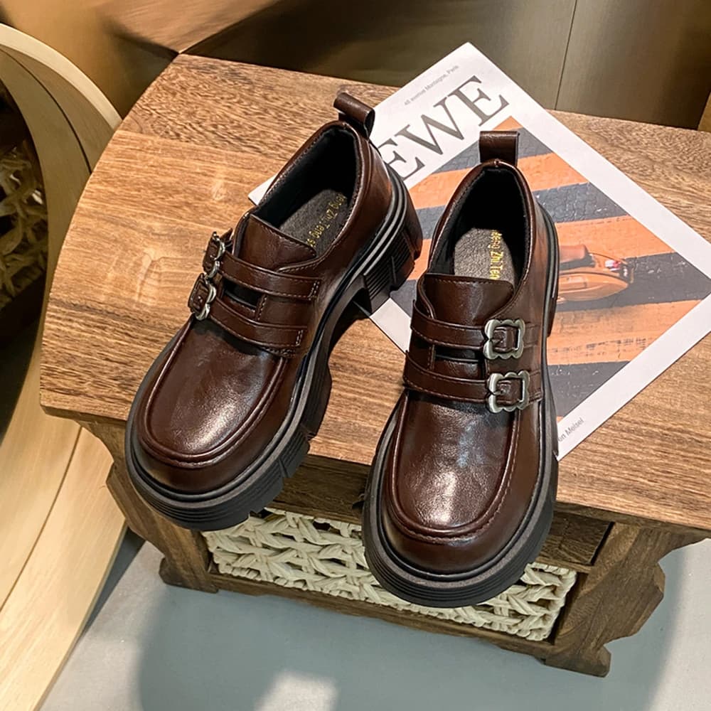 Moccasins with thick heel in soft leather Women's shoes British style Versatile heel Single shoes Spring Autumn New Arrival