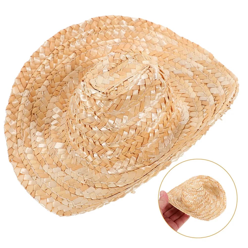 2Pcs Mini Cowboy Straw Hats Handwoven Straw Caps DIY Base for Pets Party Decoration Fall Mini Knit Hats for Crafts