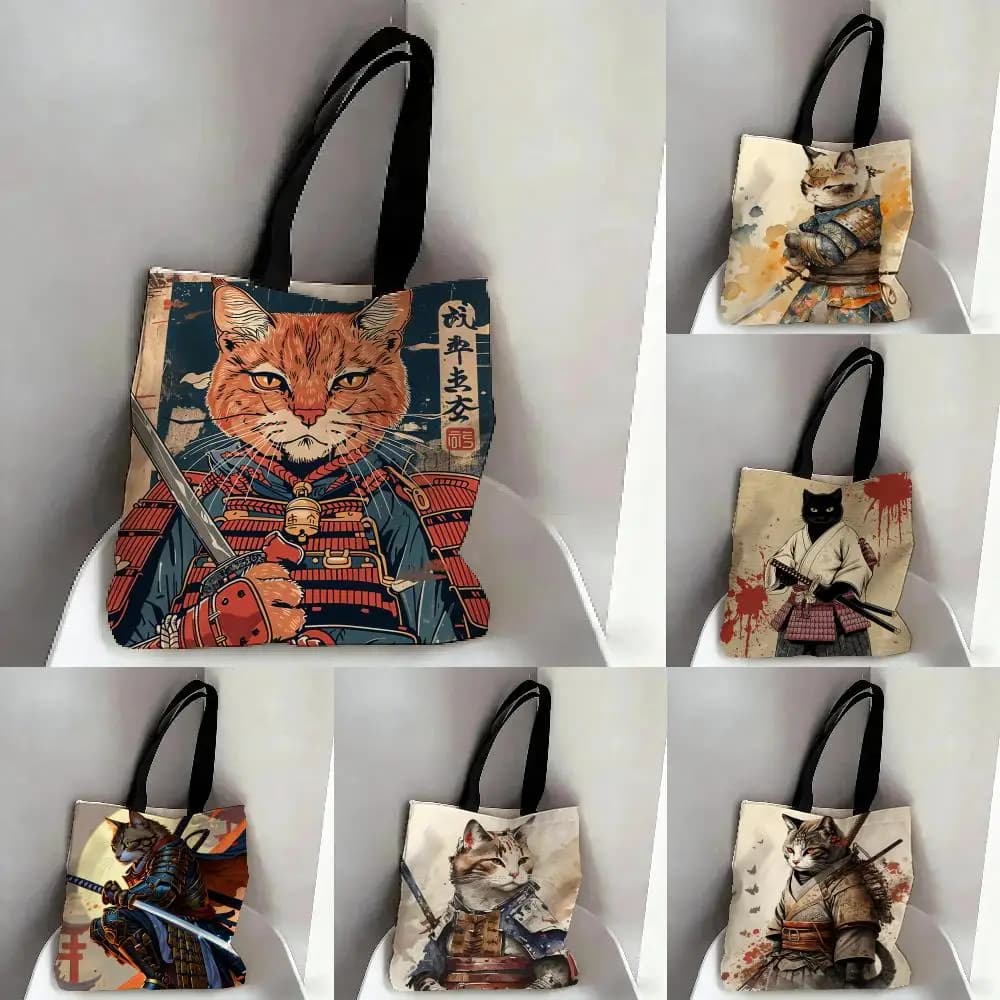 Cool Samurai Cat Storage Bags Canvas Double-Sided Print Fashion Shoulder Tote Shopping Bag Gift Eco Handbags