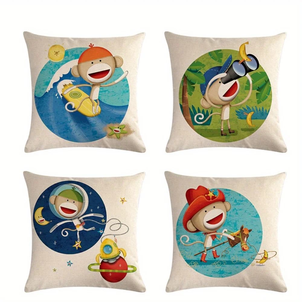 Cute Monkey and Moon Pattern Single-sided printing Short plush Suitable for living rooms bedrooms sofas (excluding pillow cores)