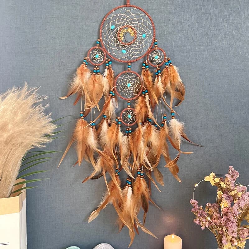 Dream Catcher Handmade Crystal Stone Brown Feathers Wind Chimes Living Room Bedroom Hanging Ornaments Festival Gifts Home Decor