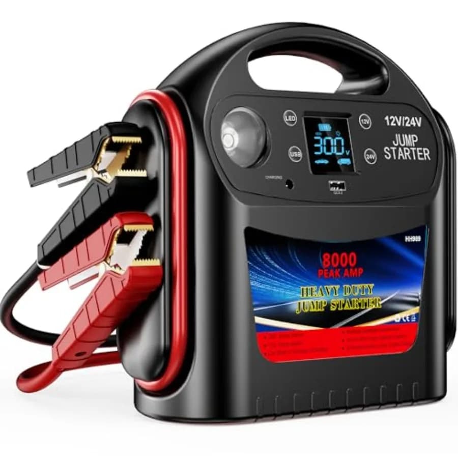 Avviatore di Emergenza Portatile per Camion, Camper e Veicoli Commerciali, 8000A 12V/24V, Avvio Forzato, Display Digitale, Luce LED, Porta USB