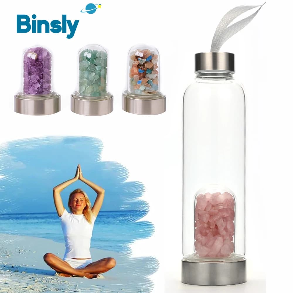 Bottiglia d'acqua in vetro cristallo naturale con infusore di pietre preziose Quarzo rosa Ametista Avventurina Bottiglia per bere energia con coperchio in acciaio