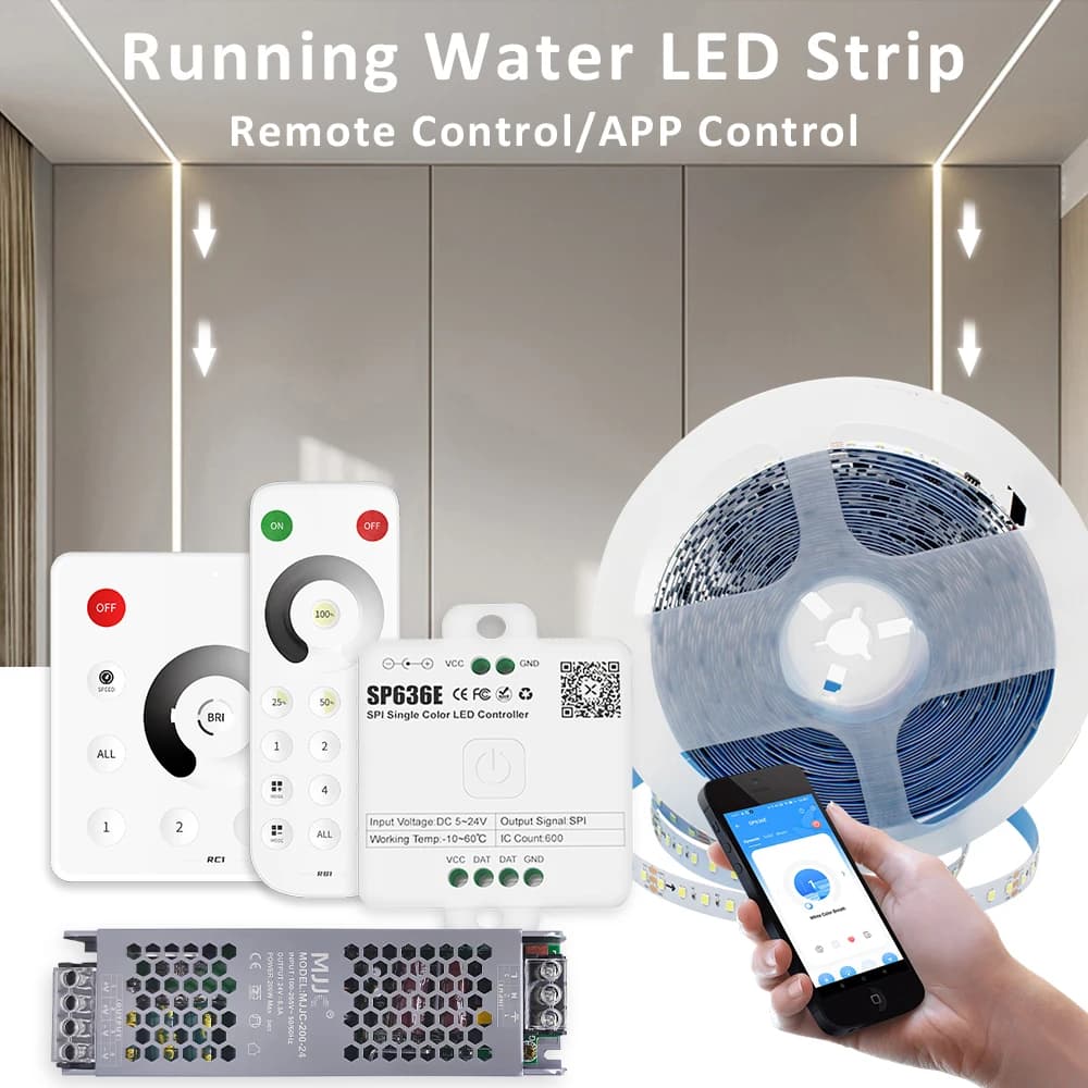 Striscia LED Sequenziale 24V 10M 15M 20M 2835 WS2811 Effetto Corsa di Cavallo, Nastro LED Effetto Acqua Corrente con Controller RF APP SP636E