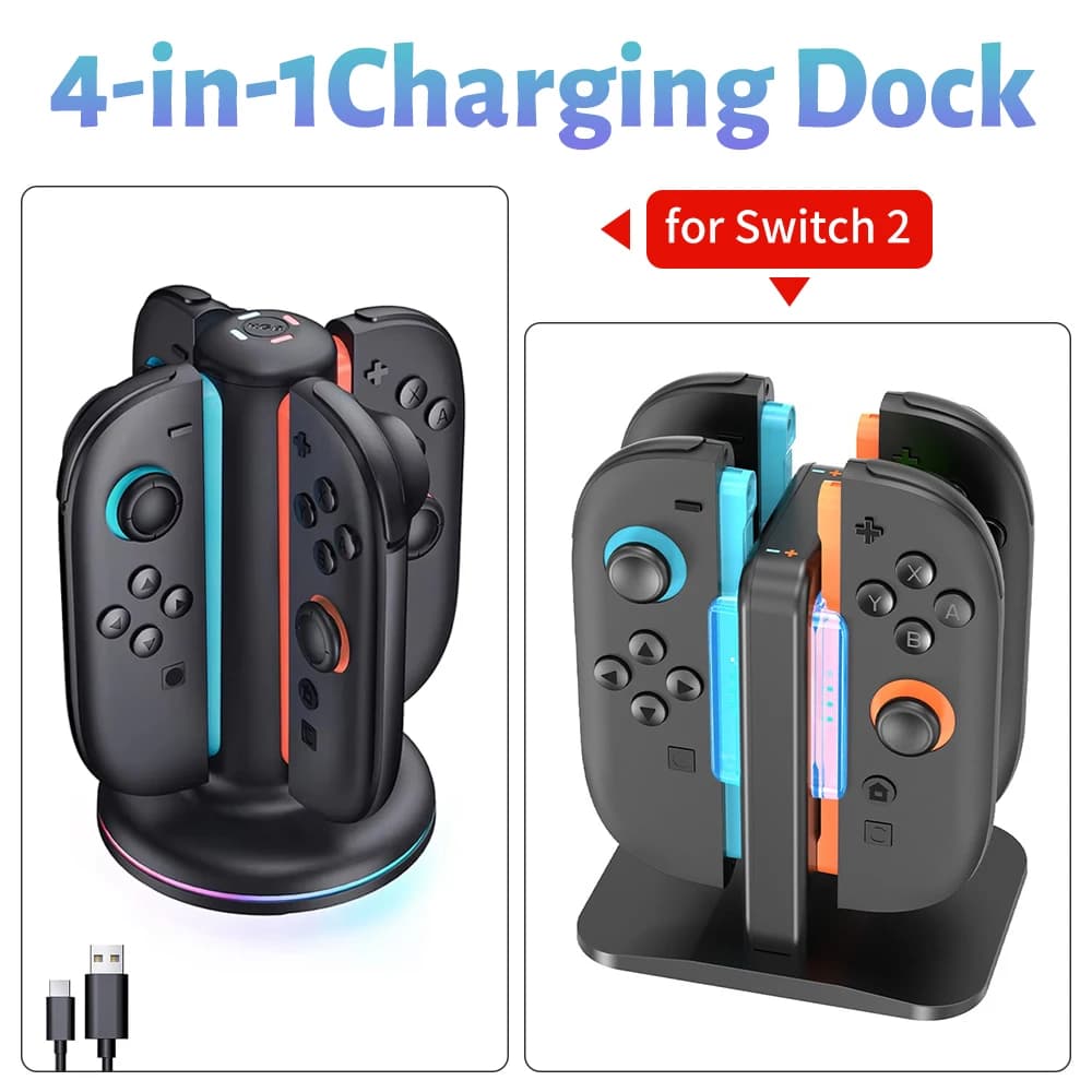 Stazione di ricarica 4-in-1 per accessori Switch 2 Joy-Con, supporto per controller Switch2 Joycon, dock di ricarica rapida