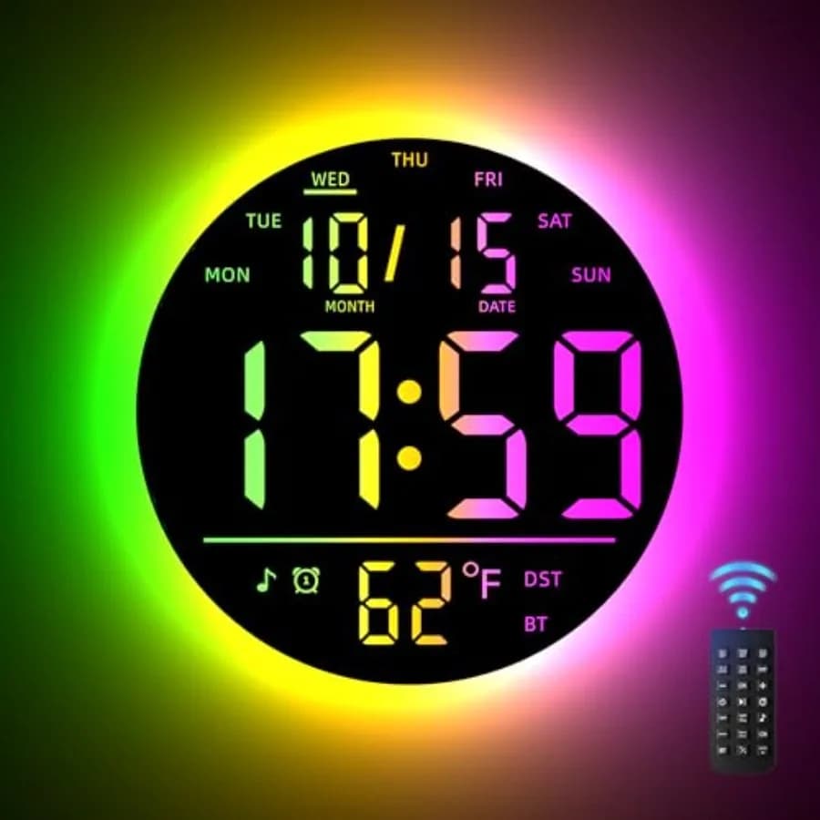 Orologio da Parete Digitale Grande con Telecomando, Luce Atmosferica RGB Sincronizzata con la Musica, Bassa Riflessione, Temperatura, Display LED, Doppio