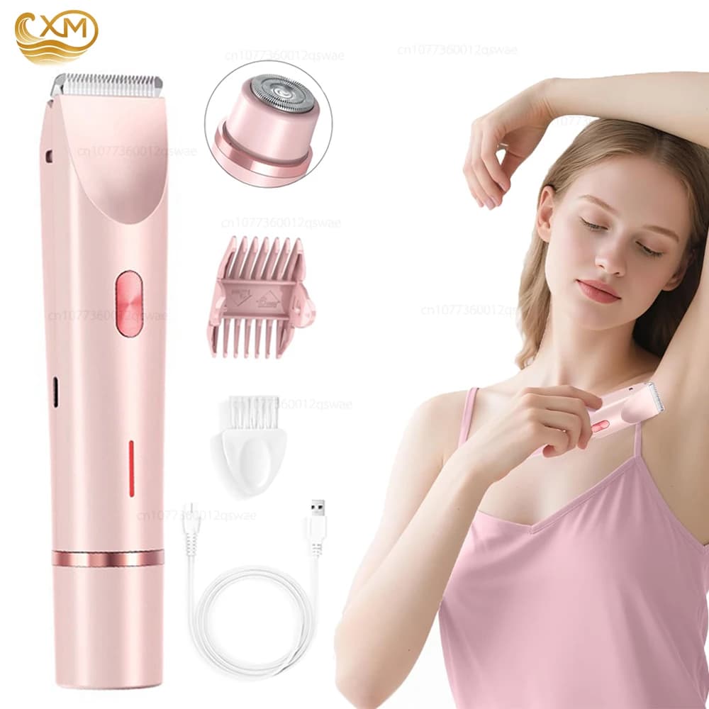 Rasoio Elettrico per Donna, Trimmer per Zona Bikini, Rasoio Elettrico a Doppia Testina, Impermeabile, Indolore, per Depilazione Pubica