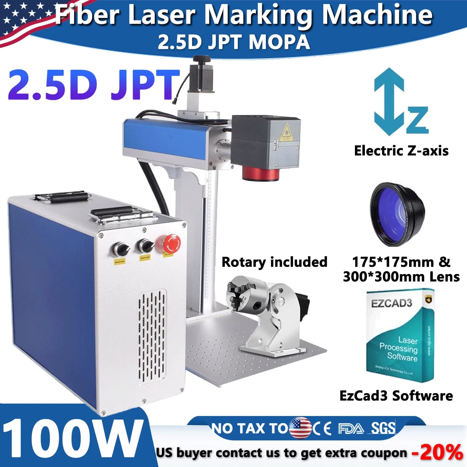 JPT Mopa 100W 2.5D Fiber Laser Cutting Machine, 3D Deep Engraving in Relief, Laser Fiber Engraver for All Metals, Available in United Kingdom