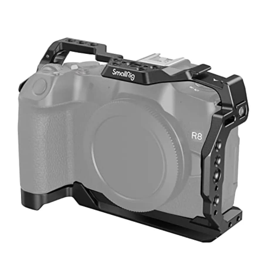 Canon R8 camera cage with 1/4-20 threaded holes, 3/8-16 positioning holes for ARRI, cold slip QD port included